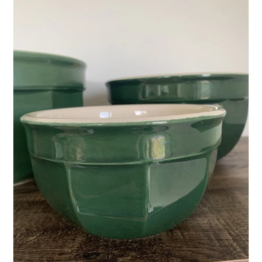 Emile Henry France Williams Sonoma 3 Pc Nesting Mixing Bowl Set Green Stoneware